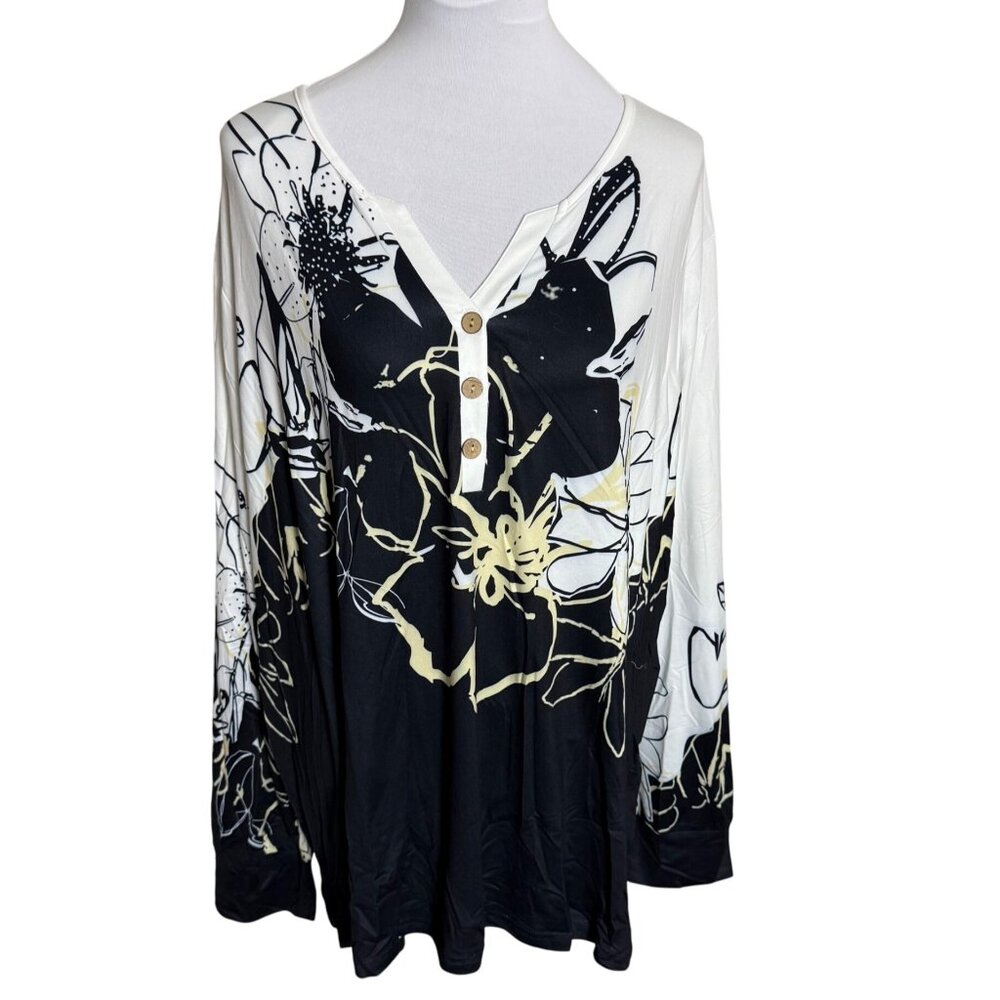 BeadChica Womens Tunic Top Plus Size 3XL Long Sleeve Floral Shirt Black White V